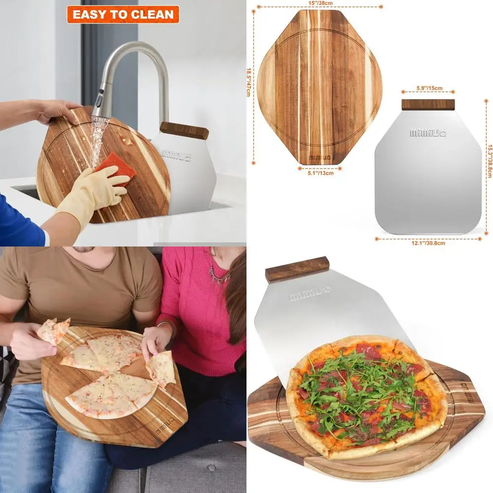 

15 Acacia Wood Pizza Serving Tray with Aluminum Peel, Perfect for Baking and Serving Pizza, Cookies, Pastries