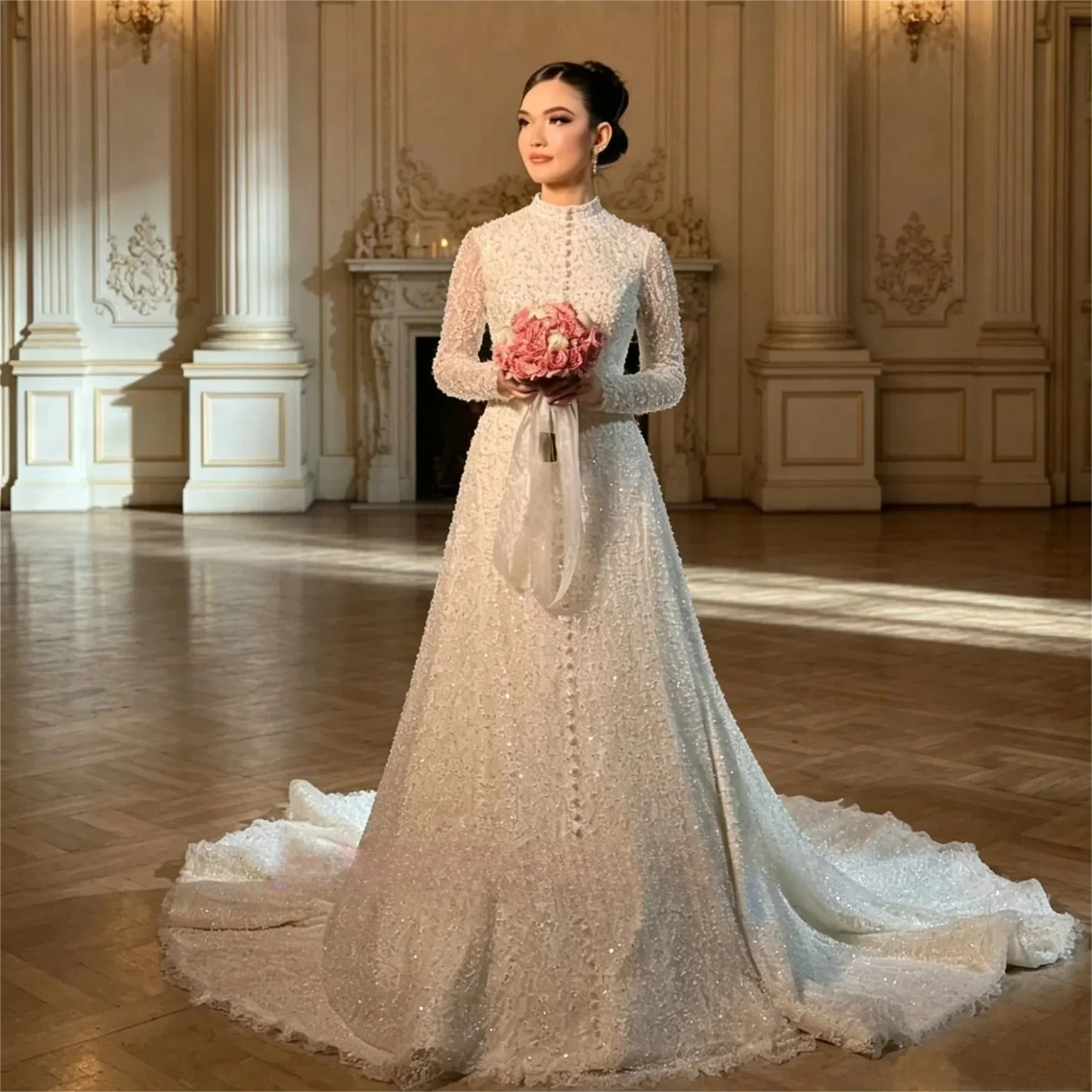 Customized Luxury Beading Lace Wedding Dresses Temperament High Neck Long Sleeves Sequined Applique Sweep Train Bridal Gown