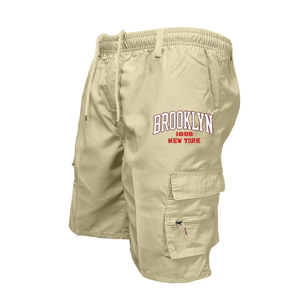 Men's Cargo Shorts Elastic Drawstring Waist Multi Pocket BROOKLYN NEW YORK 1898 Print Summer Casual Outdoor Short Pants