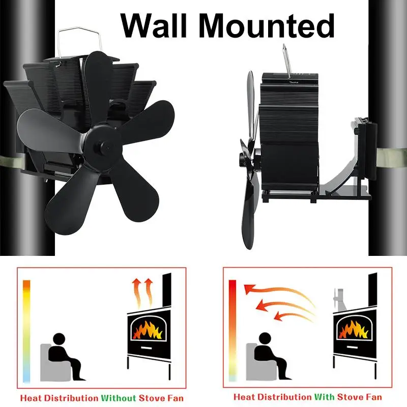 Ventilatore per stufa a 5 pale accessori per bruciatori a legna di tronchi ecologici neri ventilatore per camino di casa nuovo riscaldatore invernale ventilatore di calore