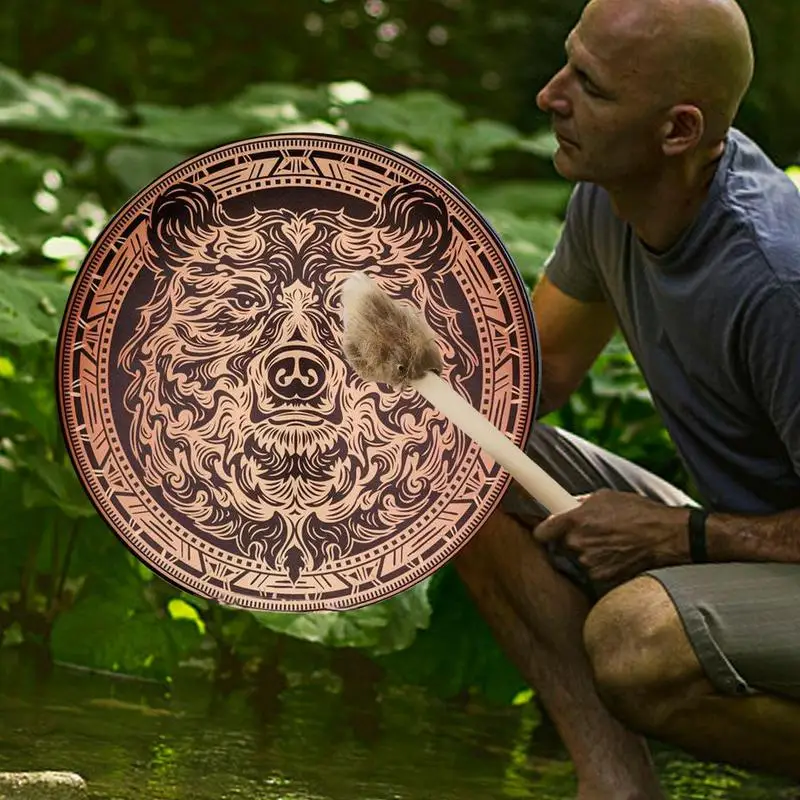 Shamanic Drum 10 Inch Bear Pattern Decoration Design Round Hand Drum Reliable Instrumental Supplies For Spiritual Music