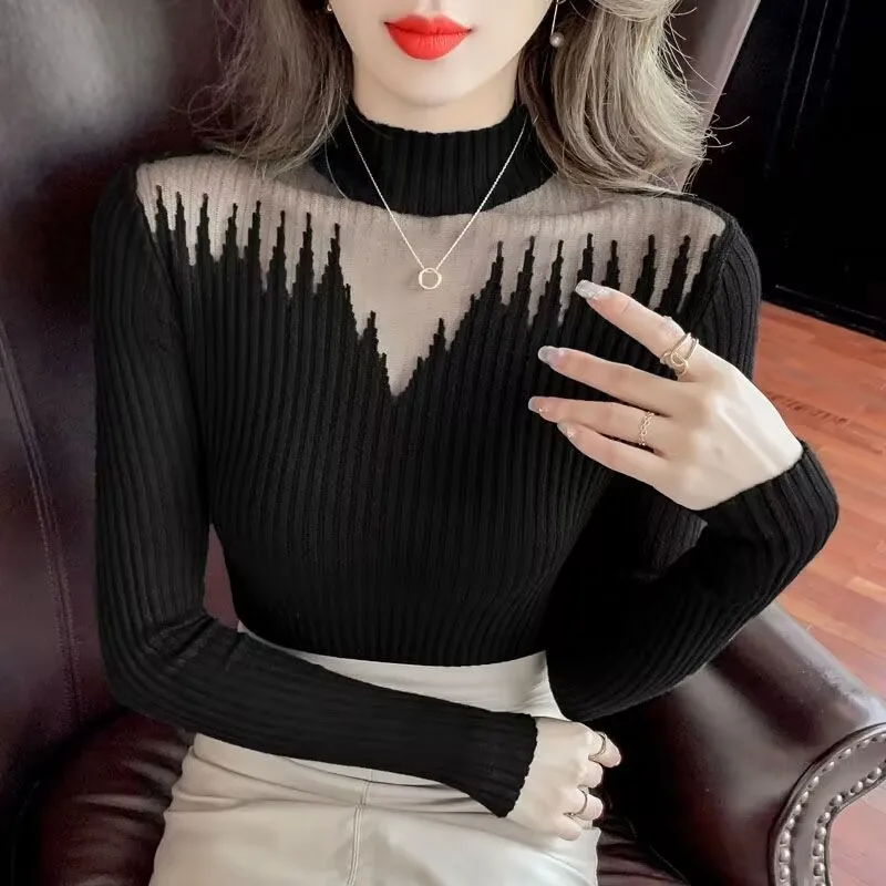 Women\'s Mesh Splicing Knitted Sweater Elastic Slim Turtleneck Long Sleeve Office Lady,Elegant Shirt New, Autumn Winter 2024