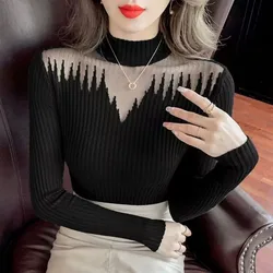 Women's Mesh Splicing Knitted Sweater Elastic Slim Turtleneck Long Sleeve Office Lady,Elegant Shirt New, Autumn Winter 2024