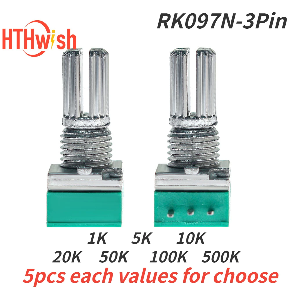 5Pcs RK097N 3Pin Potentiometers Industrial Switches B1K 5K 10K 20K 50K 100K 500K Switch Audio Shaft 15mm Amplifier Sealing RK097