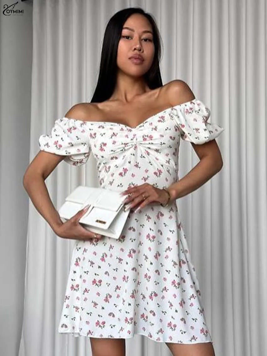 

Oymimi Elegant White Print Womens Dresses Casual V-Neck Short Sleeve High Waist Dresses Fashion Loose Mini Dress Female Clothing