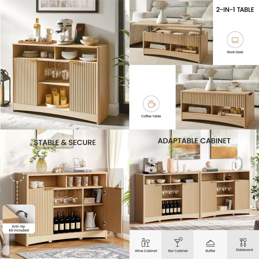 Buffet Sideboard with Wine Glass Rack and Adjustable Shelves, 47.2-inch Kitchen Storage Cabinet for Dining Area