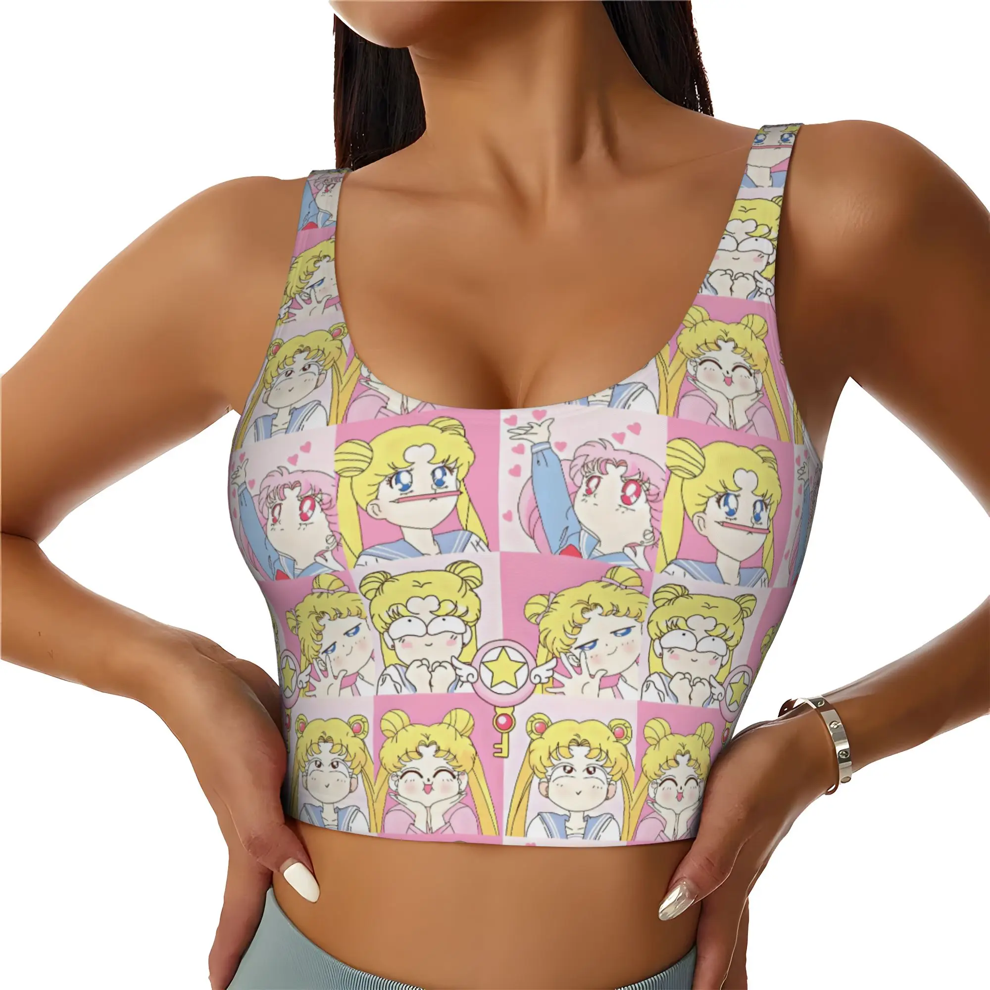 Custom Women Sailors Anime Moons Sports Bra Usagi Tsukino High Impact Gym Workout Running Crop Tank Tops