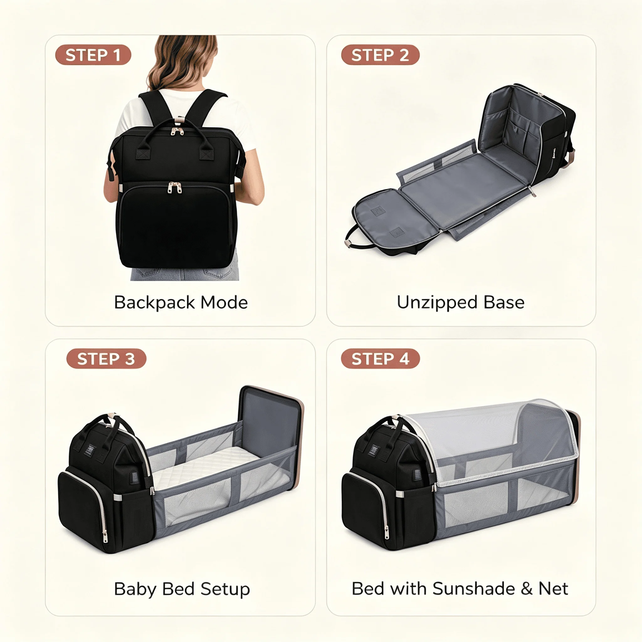 4-in-1 Baby Travel Backpack; Built in USB Port 4