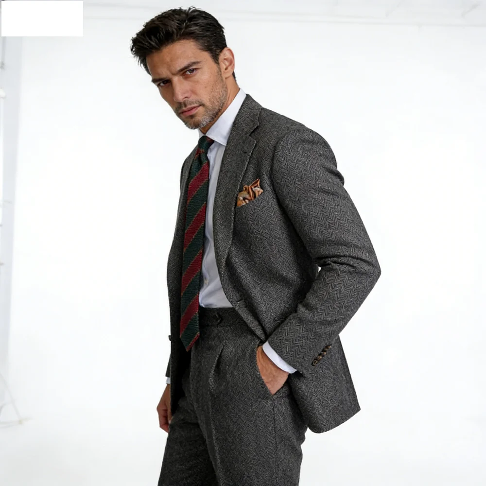 

Classic Three-Piece Men's Suit in Fish Scale Design with Blazer Vest And Woolen Trousers for Formal Activities