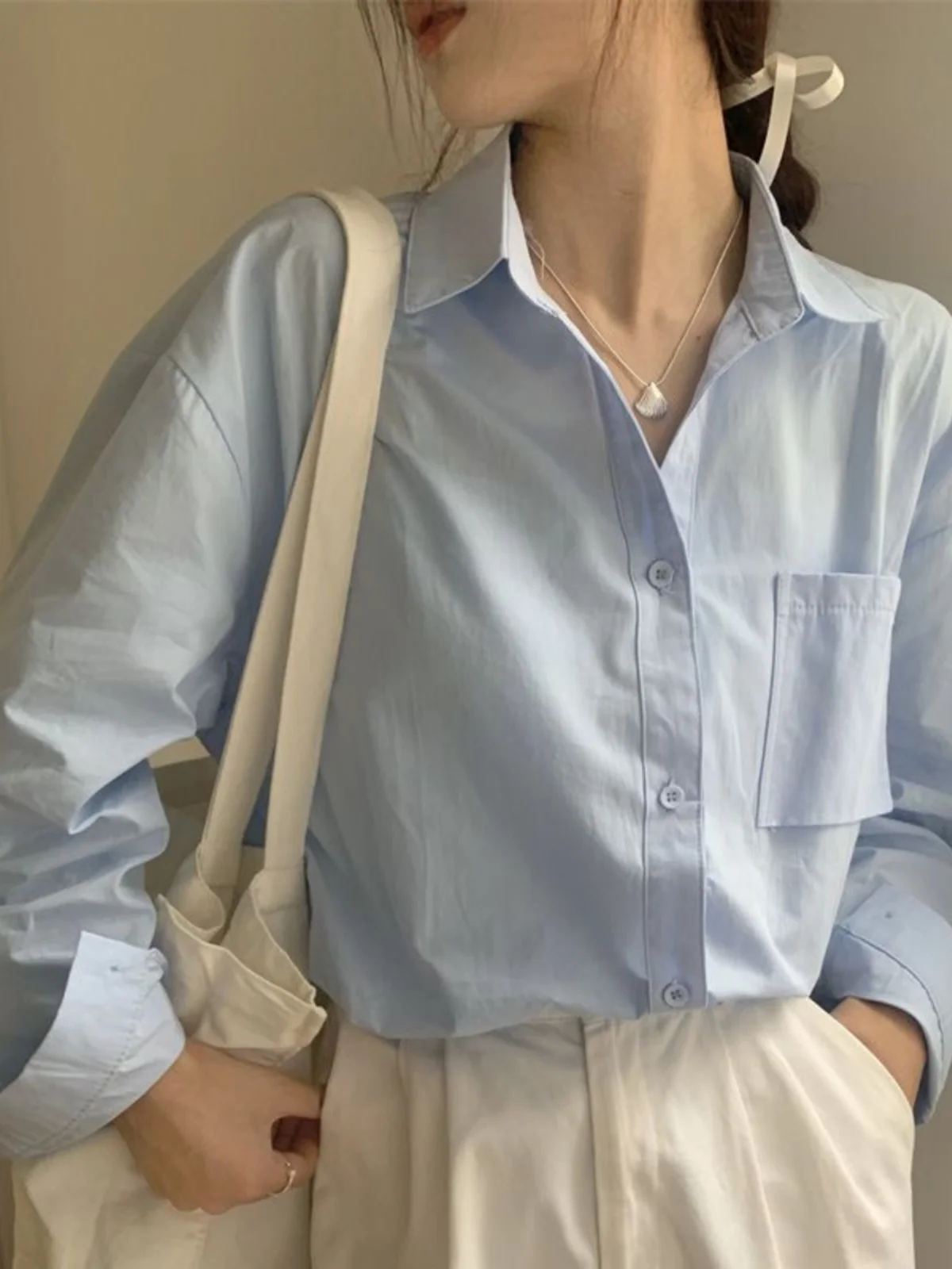 

Blue Long Sleeve Neck Shirt Women's Fashion Thin Design Versatile Sunscreen Outerwear Sweet Japanese Style Pure Color