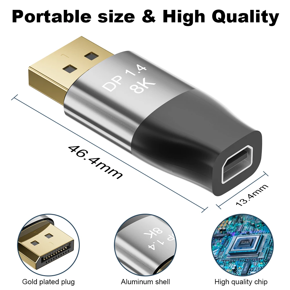 DP to Mini DP Adapter 8K60Hz 4K144Hz 2K 165Hz Bi-Direction Male Displayport 1.4 to Female Mini Displayport Converter Connector