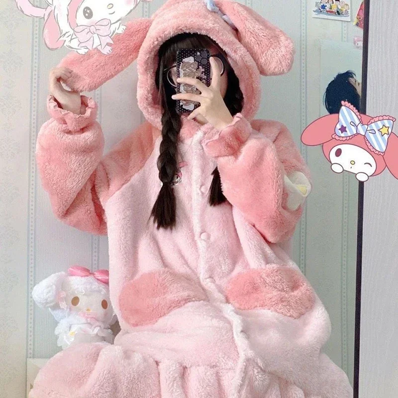 Sanrio Cinnamoroll Kuromi My Melody Nightgown Kawaii Cartoon Night Robe Trousers Suit Winter Thickened Fleece Winter Pajama