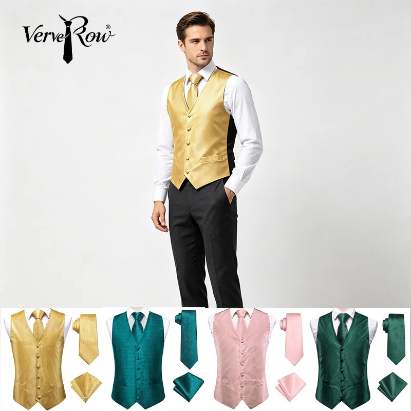 VerveRow Men Solid Waistcoat Vest Necktie Pocket Square Set Formal Wedding Business Dress Vest 3‑Pieces Set