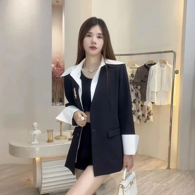 ​Korean Style Women's 2025 New Arrival Fake Two Piece Blazer Color Block Loose Fit Elegant Versatile Spring Autumn Suit Top​