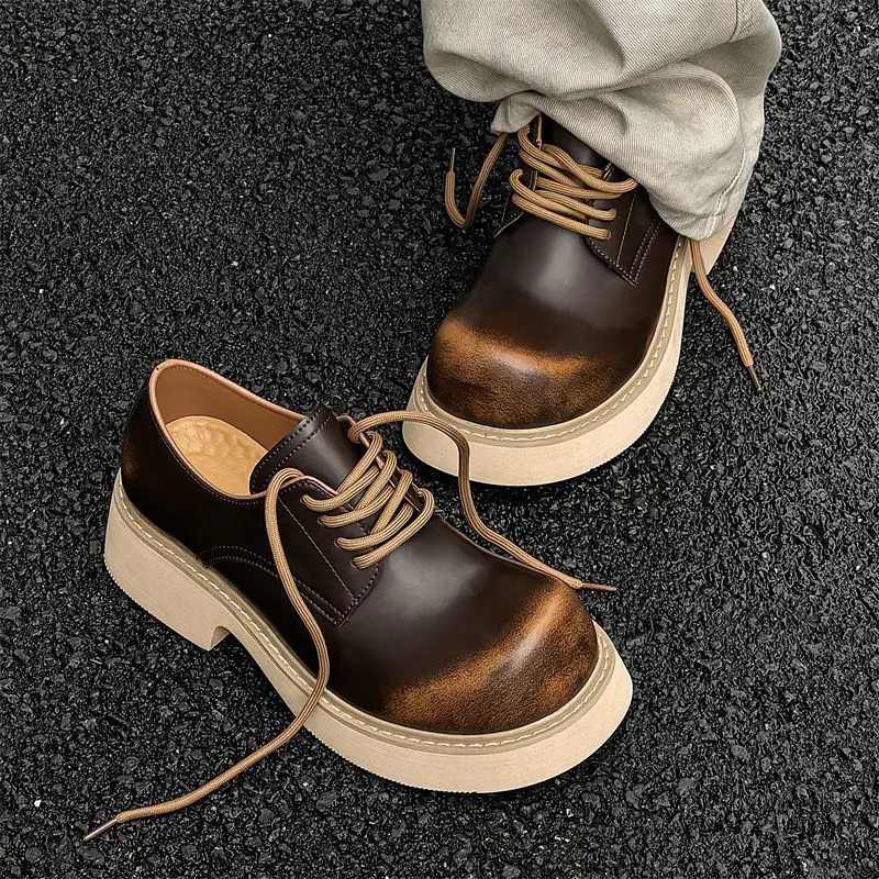 New Men Derby Shoes High-end Exquisite Round Toe Thick Sole Height Increasing Couple Style Casual Fashionable Shoes