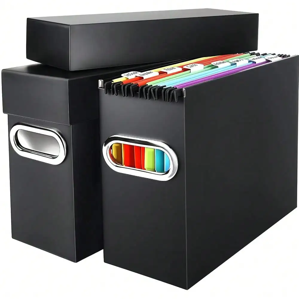 File Organizer Box With Lid & Handle, Heavy Duty Hanging File Folder Storage Boxes For Letter Size, Portable Filing Organizer For Offic