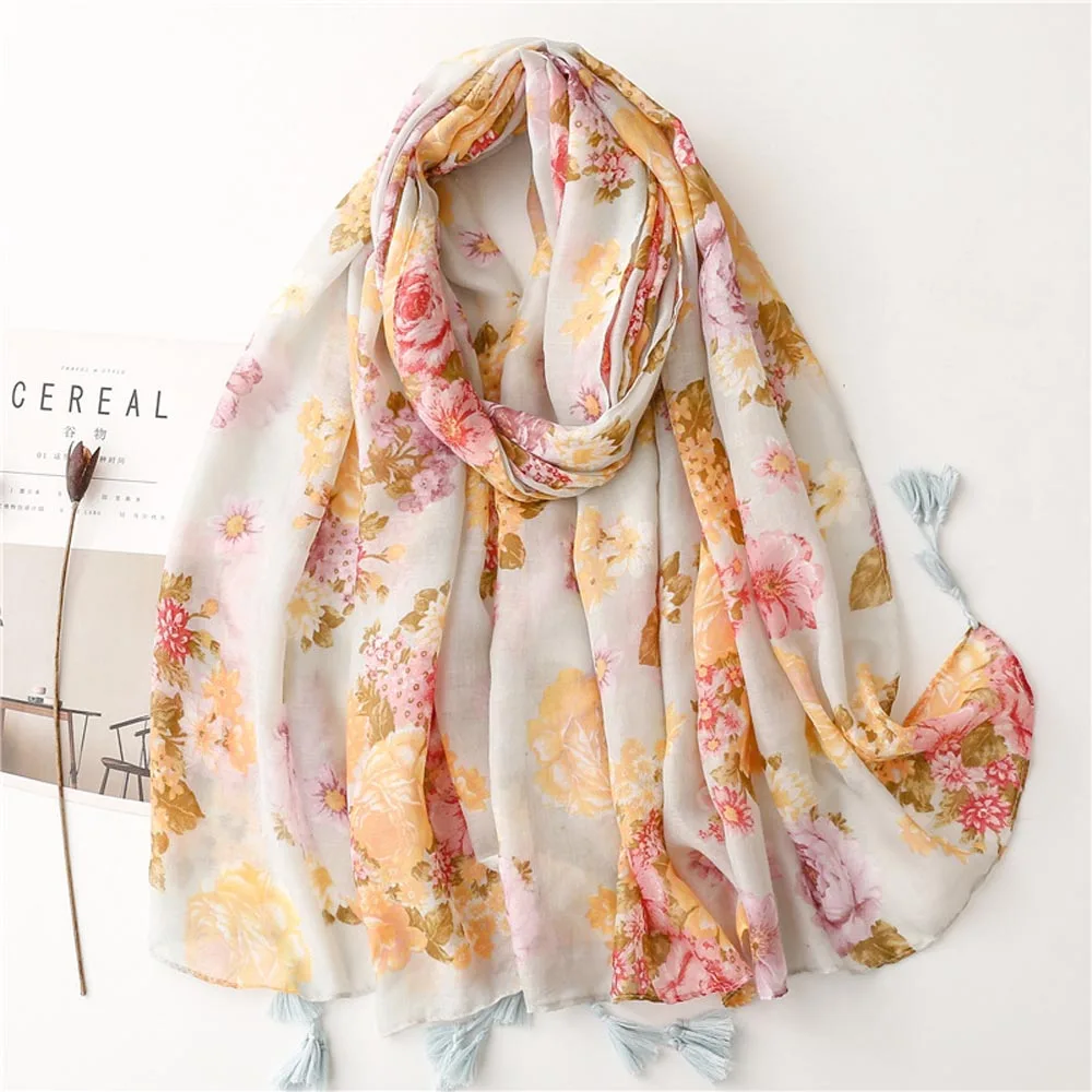 

2023 Women Cotton Big Flower Pattern Tassel Scarf Shawls Long Women Blossom Print Head Wrap Hijab Scarves Free Shipping