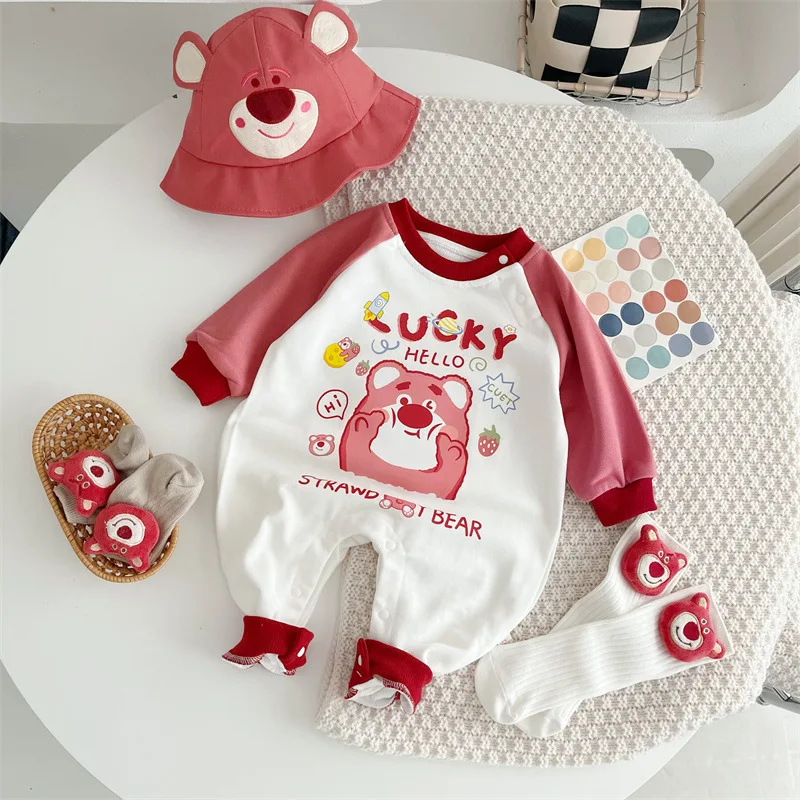 Spring Cartoon Character Lotso Pattern Jumpsuit for Baby Girls Long Sleeve Warm Comfortable Jumpsuit LUCKY Bear Outing Clothes