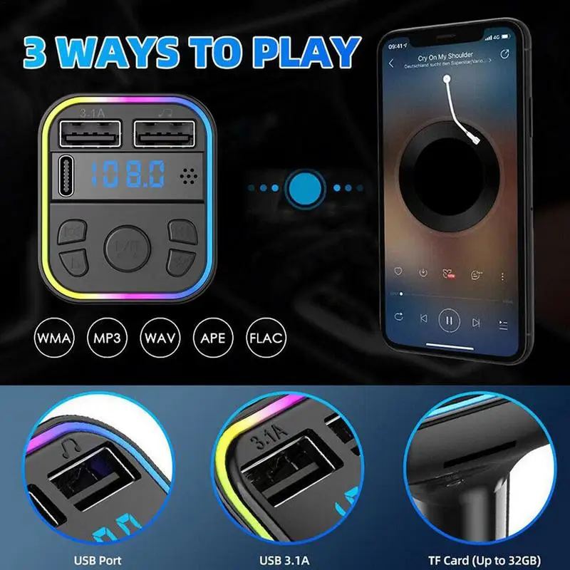 Transmissor FM sem fio 5.0 para carro PD Tipo-C Dual USB Ambient Player Carregador MP3 Tipo-C Luz sem fio Handsfree PD QC3.0