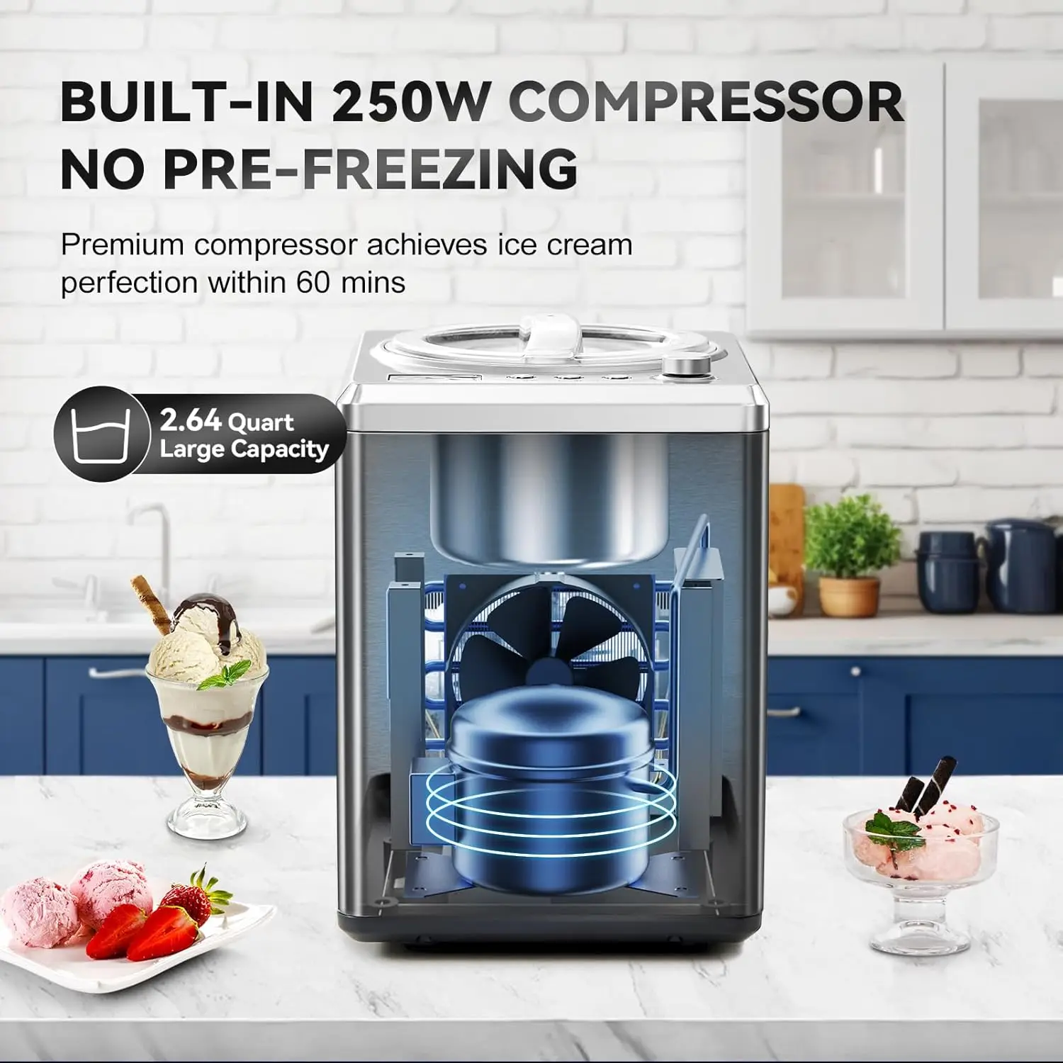 with Compressor, Automatic Ice Cream Maker Machine - No Pre Freezing, 2.5L Gelato Machine and Ice Cream Machine with 3 Modes, LC