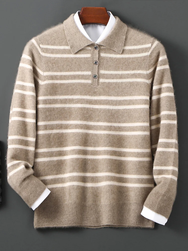 

Мужской свитер из 100% мериносовой шерсти для отдыха, вязаный пуловер с воротником-поло, осень-зима, кашемировая одежда, повседневный деловой цветной топ в полоску
