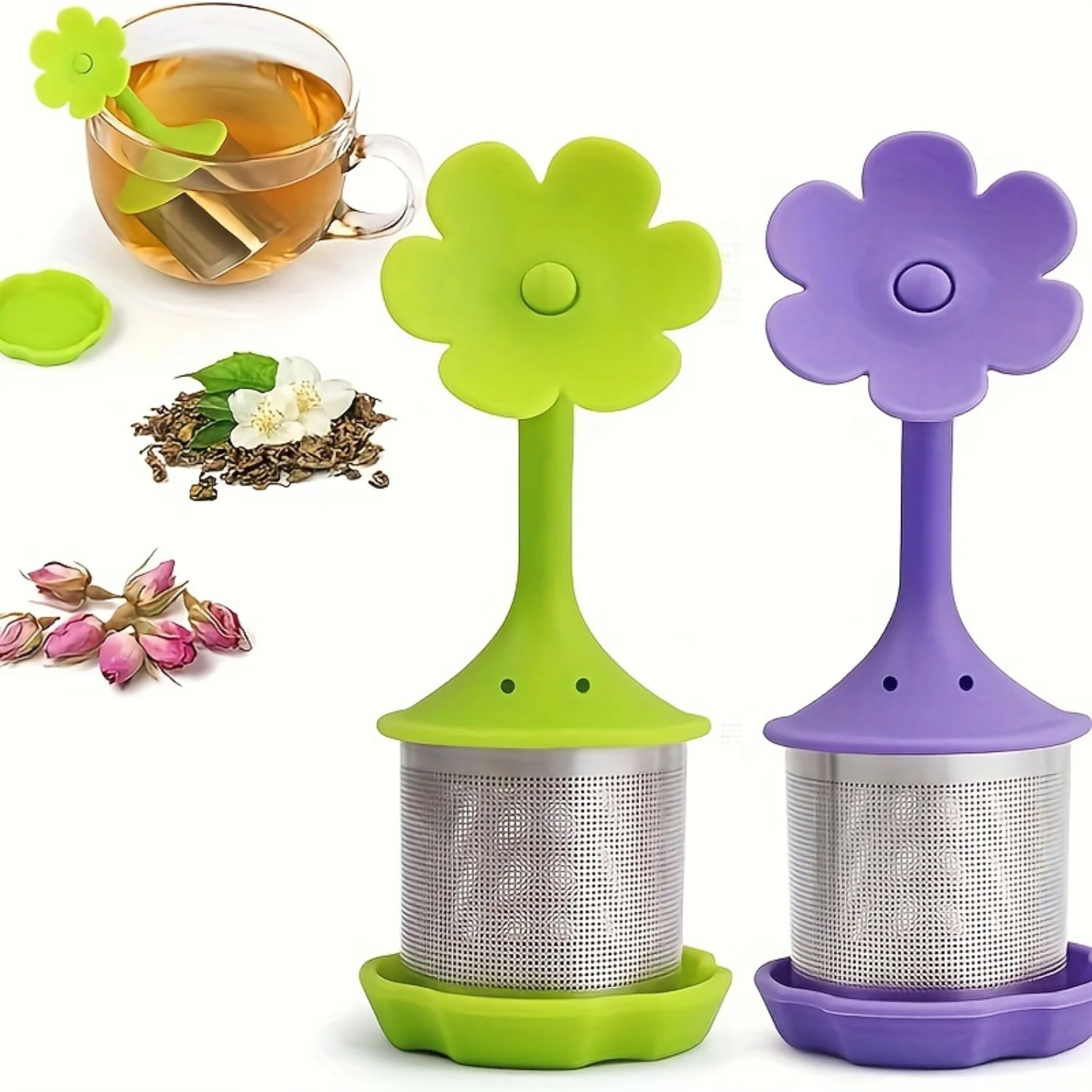 YunHai 2 Pack Silicone Tea Infusers - Flower Design, Fine Mesh Filter, Silicone Lid Cup Filter for Loose Leaf Tea or Herbal Tea 