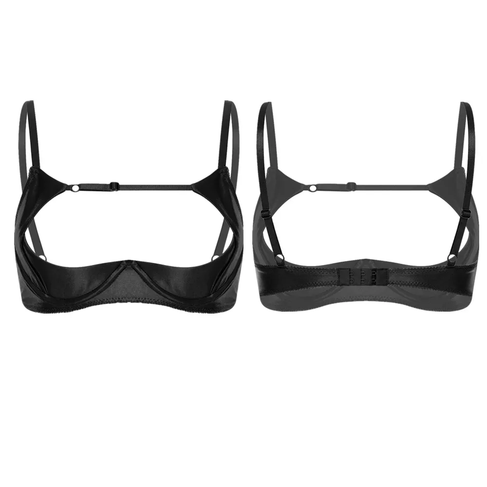 Women 1/4 Cups Expose Nipples Satin Bra Lingerie Nightwear Push-up Underwire Balconette Chest Brace for Nightclub Couple Game