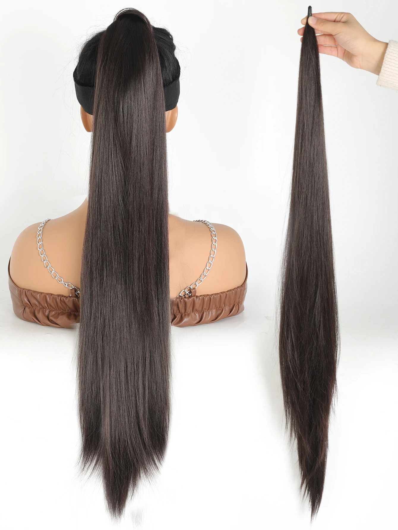 Envoltório sintético em torno da extensão do rabo de cavalo para mulheres, cabelo reto longo, rabo de cavalo bonito