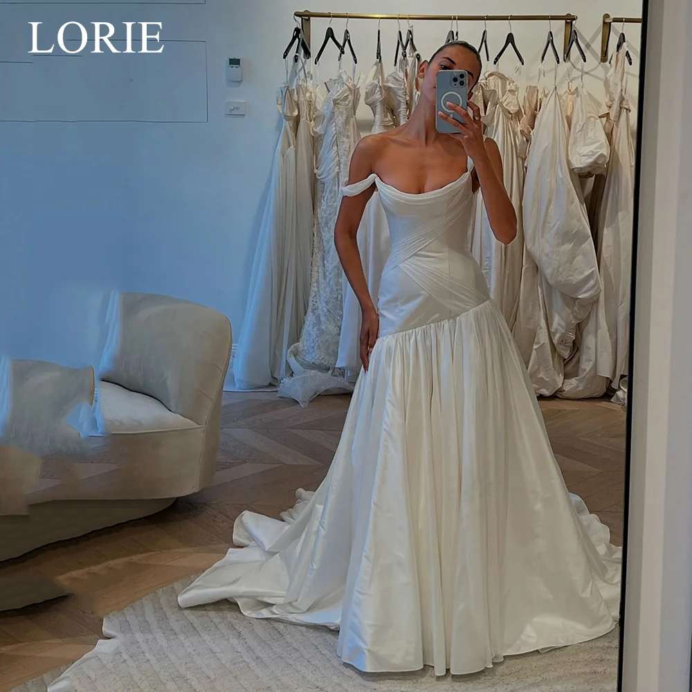Lorie elegante cetim fora do ombro vestidos de casamento drapeado a linha noiva vestido de baile chique longo trem vestidos de noiva personalizado
