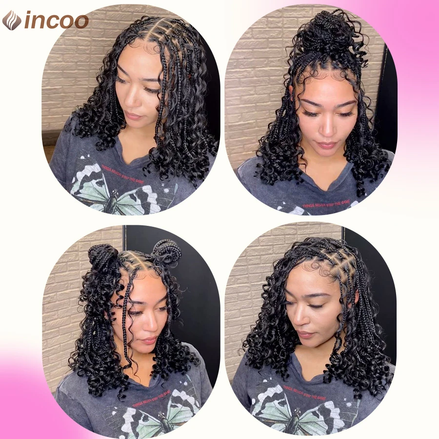Synthetic Short Boho Braided Wig Full Lace Wigs Goddess Bohemian Box Braids With Curly Hair Knotless Cornrows Braids For Women