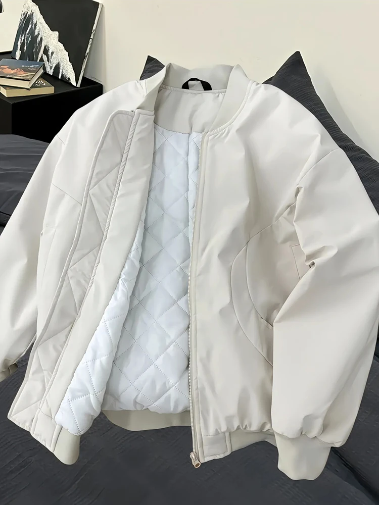 

Thiened Cotton Flight Jaet in Beige for Men Winter Warm Baseball Sle Cleanfit Workwear Coat Zipper Closure Long Sve