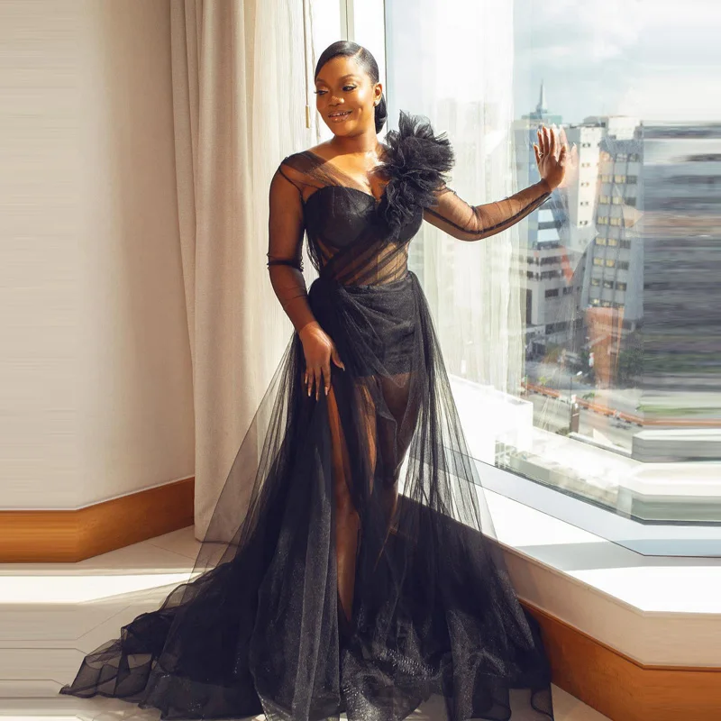 Sexy Black Sheer See Thru Illusion Long Evening Dresses Aso Ebi Full Sleeve Draped A-line Tulle Africa Women Dress Ruffles Shoul