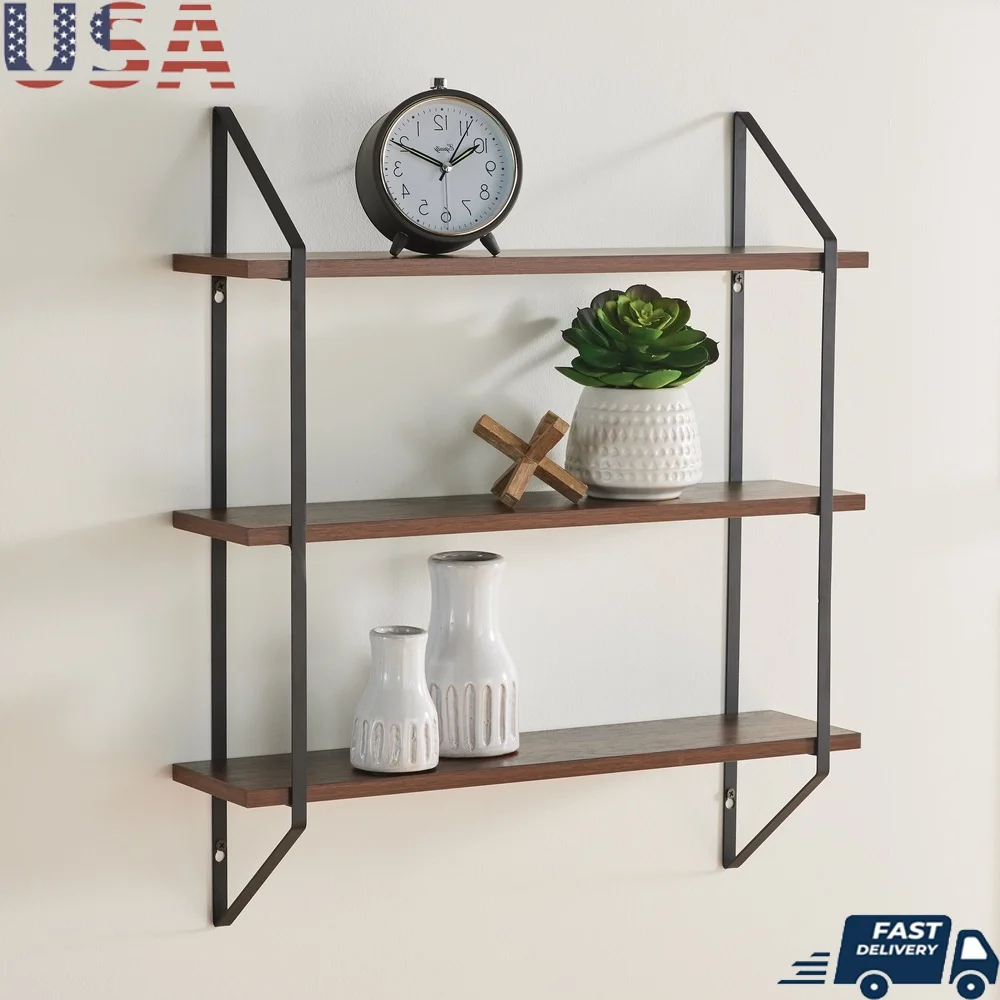 

3-х уровневые настенные полки с отделкой из орехового дерева с черными металлическими кронштейнами. Прочный МДФ. В комплект входит оборудование. Простая сборка.