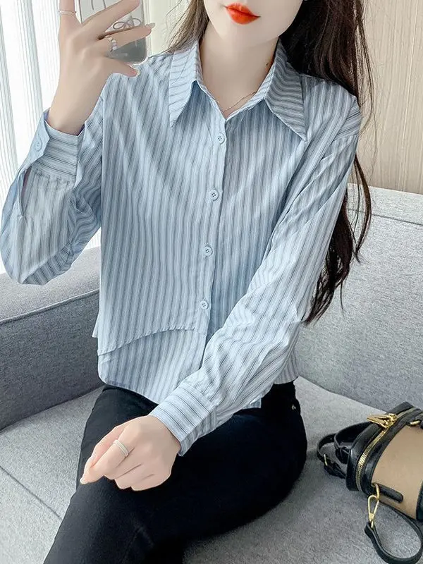 

Korean Style College Preppy Striped Chiffon Shirt Women Long Sleeve Early Spring New Fashion Short Top Youthful Slimming Blouse