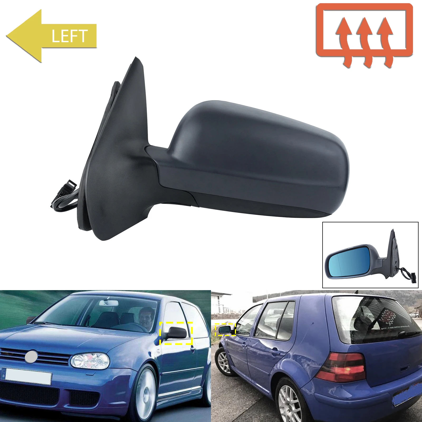 Dla VW Golf Mk4 1997-2004 Podgrzewane lusterko boczne z podkładem elektrycznym po lewej stronie