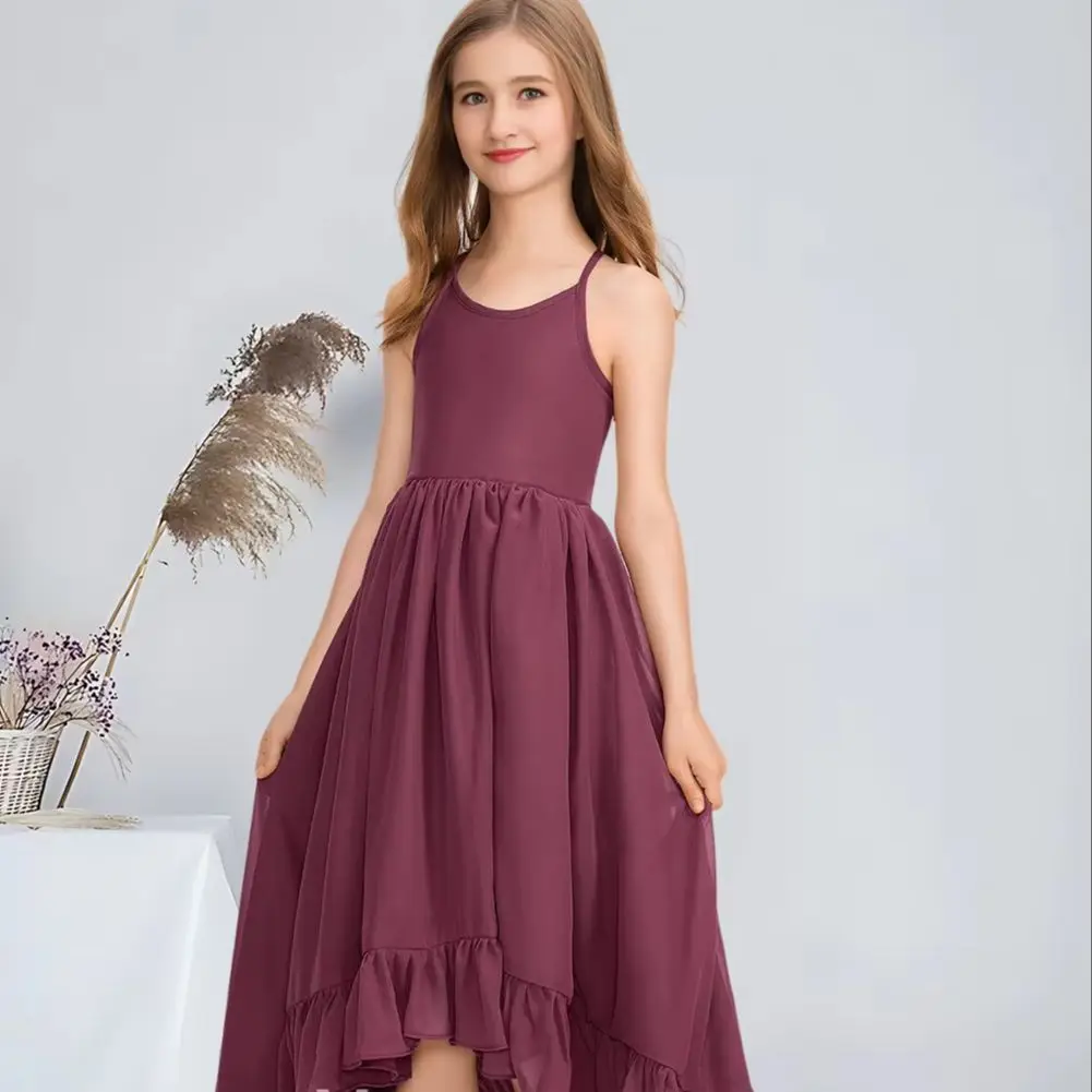 

WSA Kids A-line Scoop Asymmetrical Chiffon Junior Bridesmaid Dress With Bow Cascading Ruffles Mulberry Flower Girl Dress Wedding