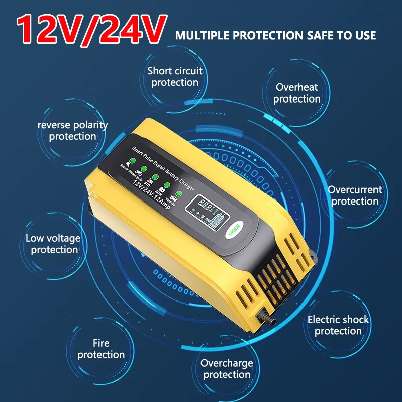 12V 12A Smart Car Battery Chargers Portable Automatic Battery Chargers for Car Motorcycle Lawn Mower Boat RV SUV ATV Lead Acid