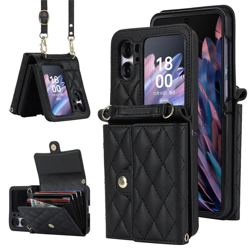 

Fashion Card Bag Wallet Phone Case For OPPO Find N2 Flip Leather Lanyard Protective Shell Cover