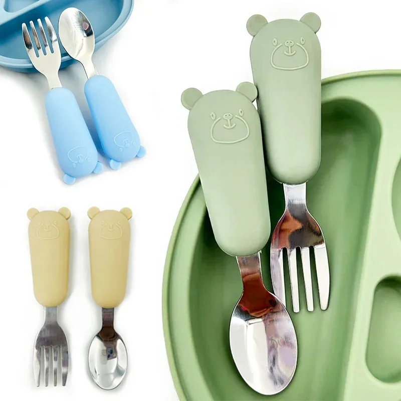 Baby Gadgets Tableware Set Children Utensil Stainless Steel Toddler Dinnerware Cutlery Cartoon Infant Food Feeding Spoon Fork