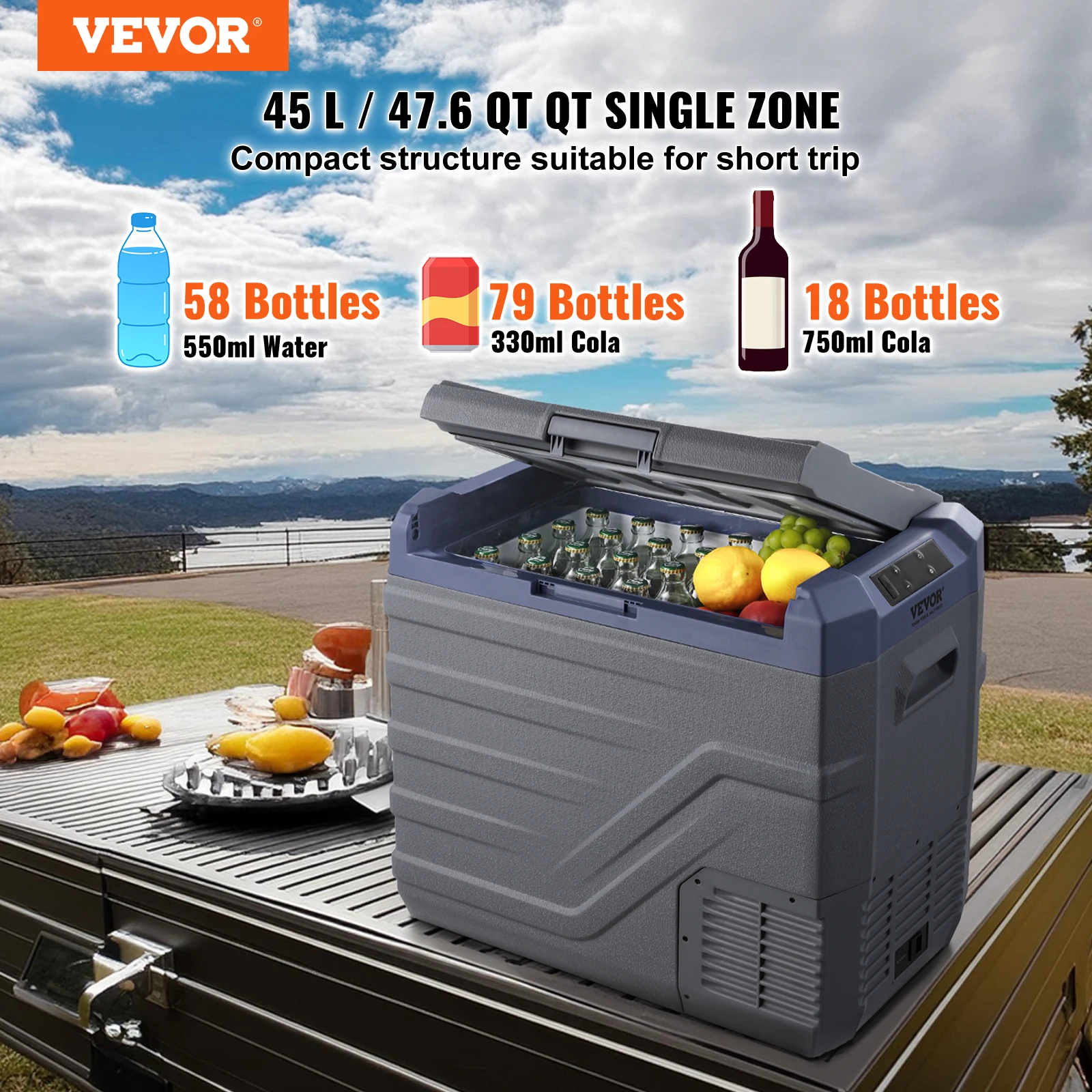 VEVOR 12 Volt Car Refrigerator Fridge 45 L Single Zone Portable Freezer with Built-in Light  -4℉-68℉ for Outdoor Camping RV