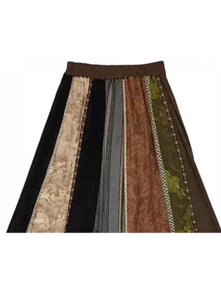 Autumn Winter Women's Midi Skirt Patchwork Contrast Color Cottage Core A-line French Vintage Aesthetic Evening Party Y2k Design