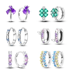 Original 925 Sterling Silver Hoop Earrings Butterfly Pink Purple Romantic Flower Women Earrings For Birthday Engagement Gift