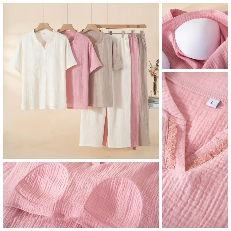 Summer New Arrival Pajama with Chest Mat Women's Cotton Baseball V-neck Short sleeved Pajama Set Pants Home ClothesLarge Size