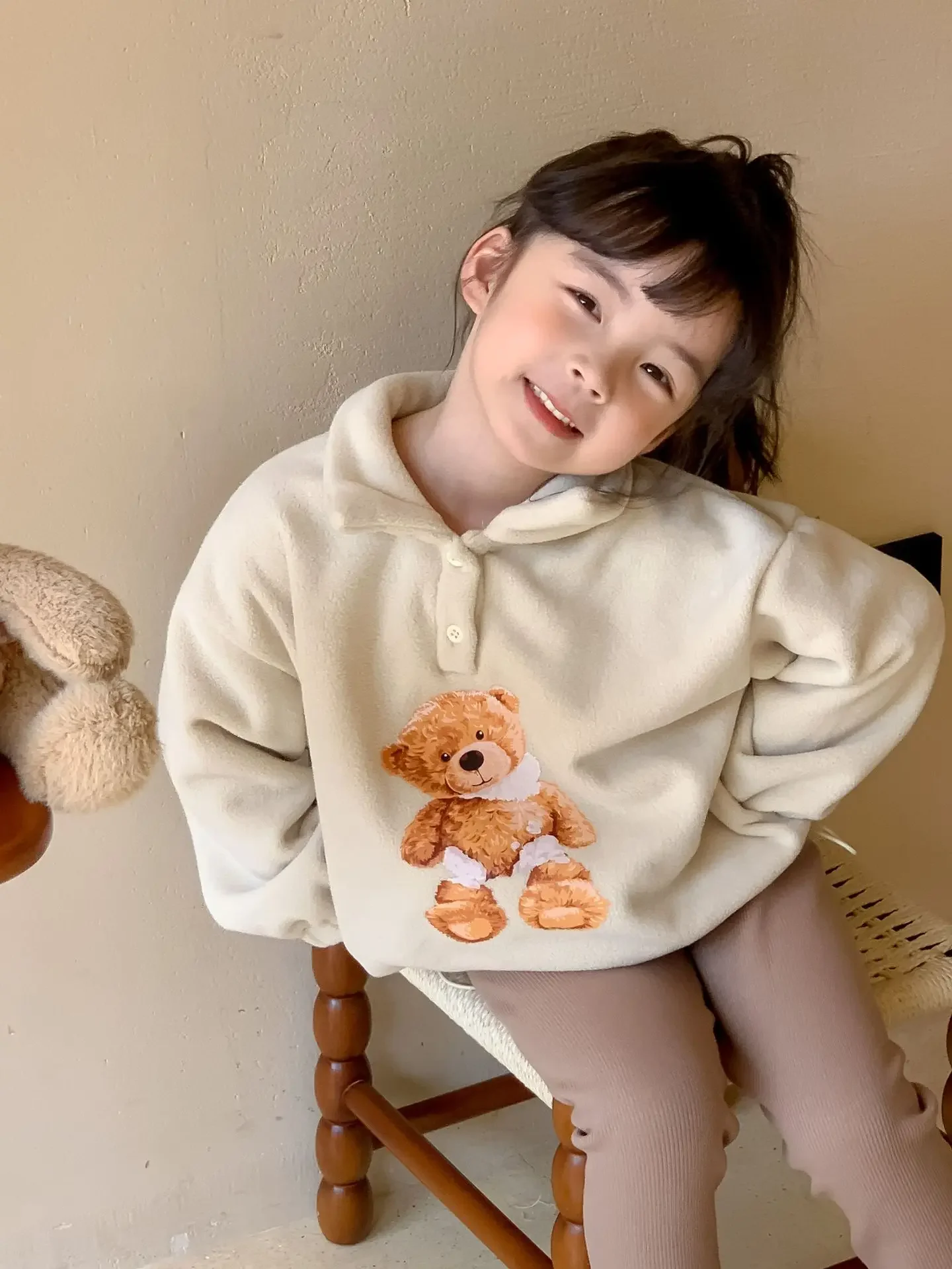 2024 Autumn/Winter Girls' Coat Baby Cartoon Double sided Plush Bear Sweater Cute Korean Edition Children's Coat