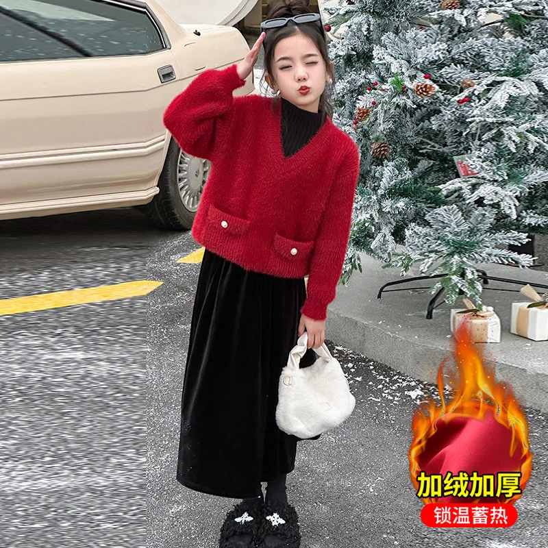 

winter teen girls clothes set Thick sweater+velvet skirt 2pcs 4-15 warm kids suit chile outfits kids designer clothing