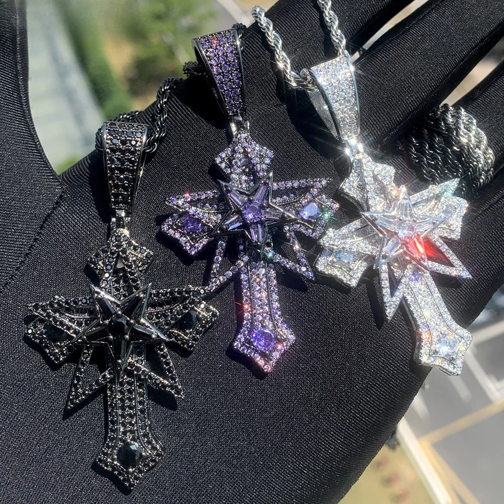 

New Zircon-Encrusted Cross Pendant Necklace with Rotating Five-Pointed Star Design, Unisex, Perfect for Anniversaries.