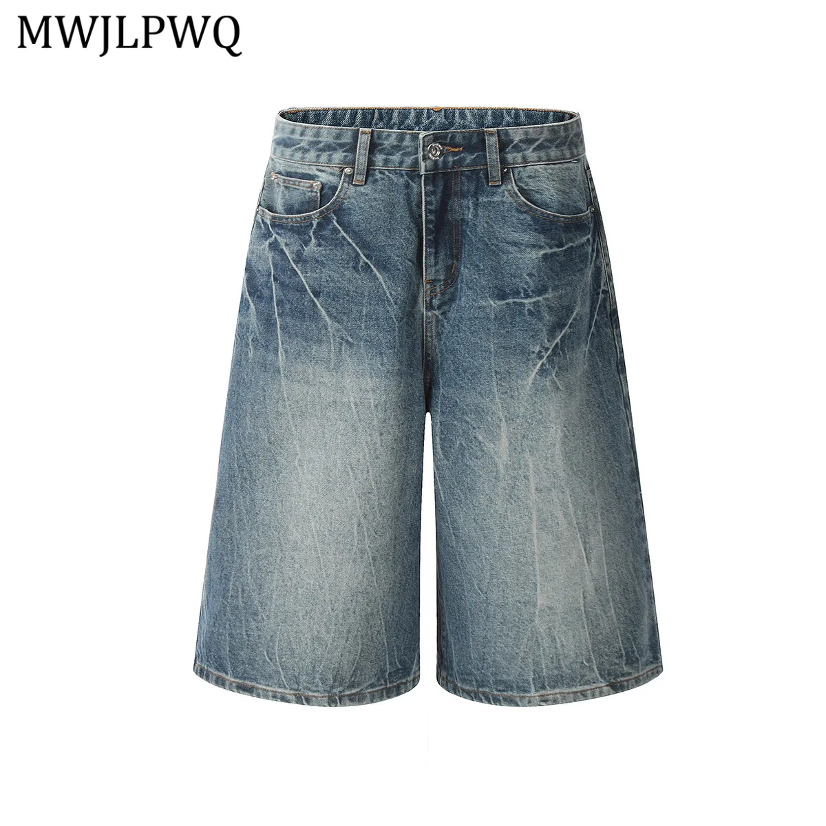 

MWJLPWQ Trendy 2025 Summer Washed Denim Shorts American Style Pattern Niched Design Personality Straight Wide-Leg Pants 20932