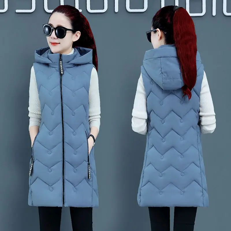 Winter Women Vest Casual Long Hooded Waistcoat Zipper Pocket Thicken Warm Sleeveless Sintepon Parka Vest For Female