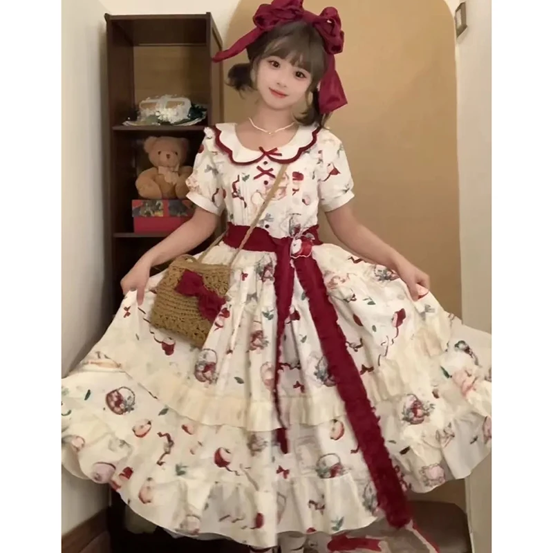 Japão doce lolita peter pan colarinho vestido de verão arco dos desenhos animados vestido bonito kawaii em camadas cascata shorts manga festa vestidos