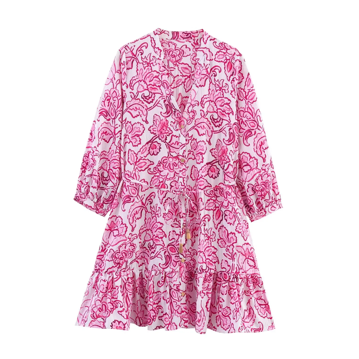 

Women's New Fashion With Belt Casual Single breasted Flower Printed Mini Dress Retro Long sleeved Women's Dress